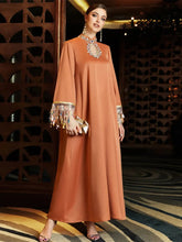 Gradient Tassel Abaya Dress Women Chic Hand Sew Rhinestone Hollow out Stand Collar Long Sleeve Arab Dubai Party Robe Orange Dress